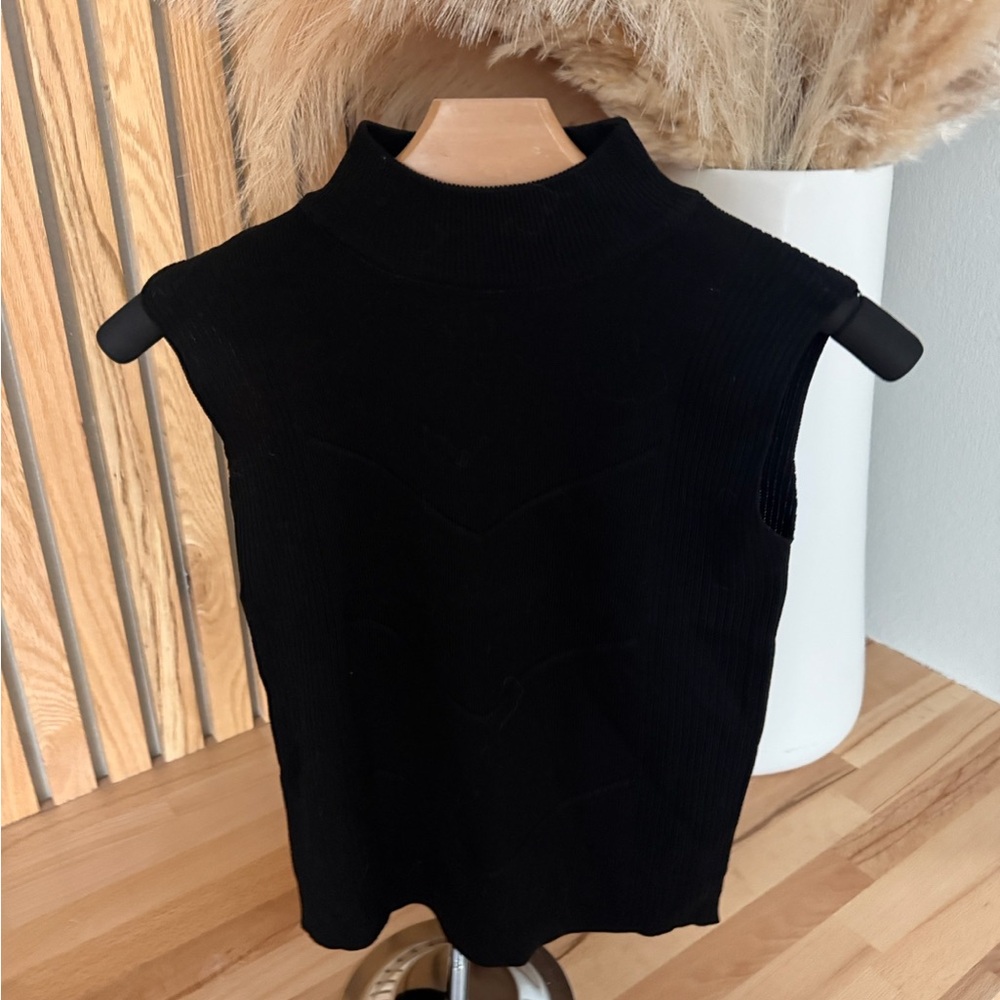 Mock Neck Ribbed Sleeveless Top - Black